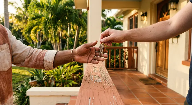 Homeowner receiving keys on a Florida porch