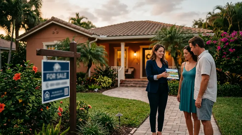 Real estate agent presenting a listing in front of a well-landscaped Florida home