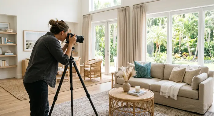Photographer shooting a bright, virtually staged living room